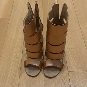 Giuseppe Zanotti IT 37.5 Brown Leather and Gold Metal Gladiator Stiletto Sandal